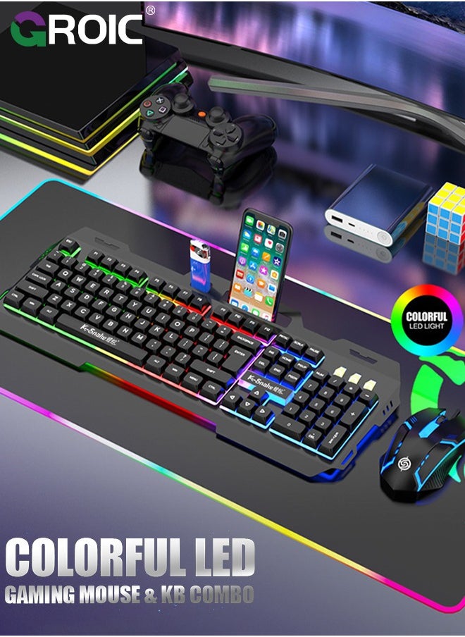 GROIC Wired Keyboard and Mouse with Colored Backlit, Wrist Rest, Gaming Mouse, Rechargeable Ergonomic Light Up Keyboard Mouse Combo with Phone Holder for Windows, Mac, PC, Laptop  - Image 2