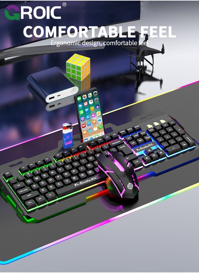 Wired Keyboard and Mouse with Colored Backlit, Wrist Rest, Gaming Mouse, Rechargeable Ergonomic Light Up Keyboard Mouse Combo with Phone Holder for Windows, Mac, PC, Laptop