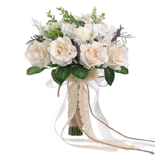 GLIDLION Wedding Bouquets Large for Bride Bridesmaid,White Champagne Artificial Roses Flowers for Wedding Church Decoration (9.5in) - Image 1