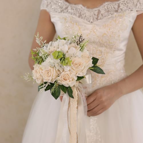 GLIDLION Wedding Bouquets Large for Bride Bridesmaid,White Champagne Artificial Roses Flowers for Wedding Church Decoration (9.5in) - Image 4