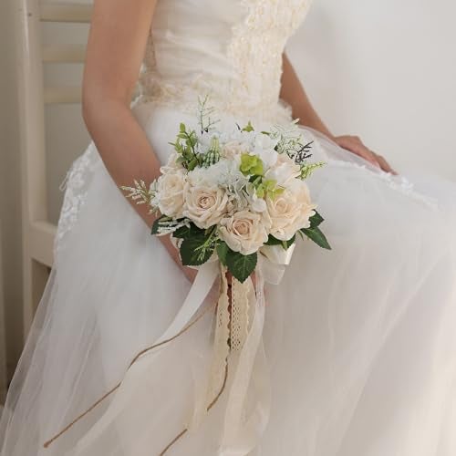GLIDLION Wedding Bouquets Large for Bride Bridesmaid,White Champagne Artificial Roses Flowers for Wedding Church Decoration (9.5in) - Image 3