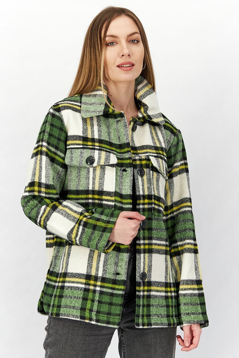 Wednesdays Girl Women Spread Collar Long Sleeve Checkered JackeT-shirt, Green and Black Combo - Image 1