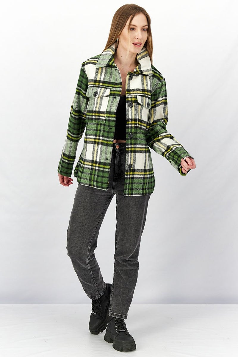 Wednesdays Girl Women Spread Collar Long Sleeve Checkered JackeT-shirt, Green and Black Combo - Image 3