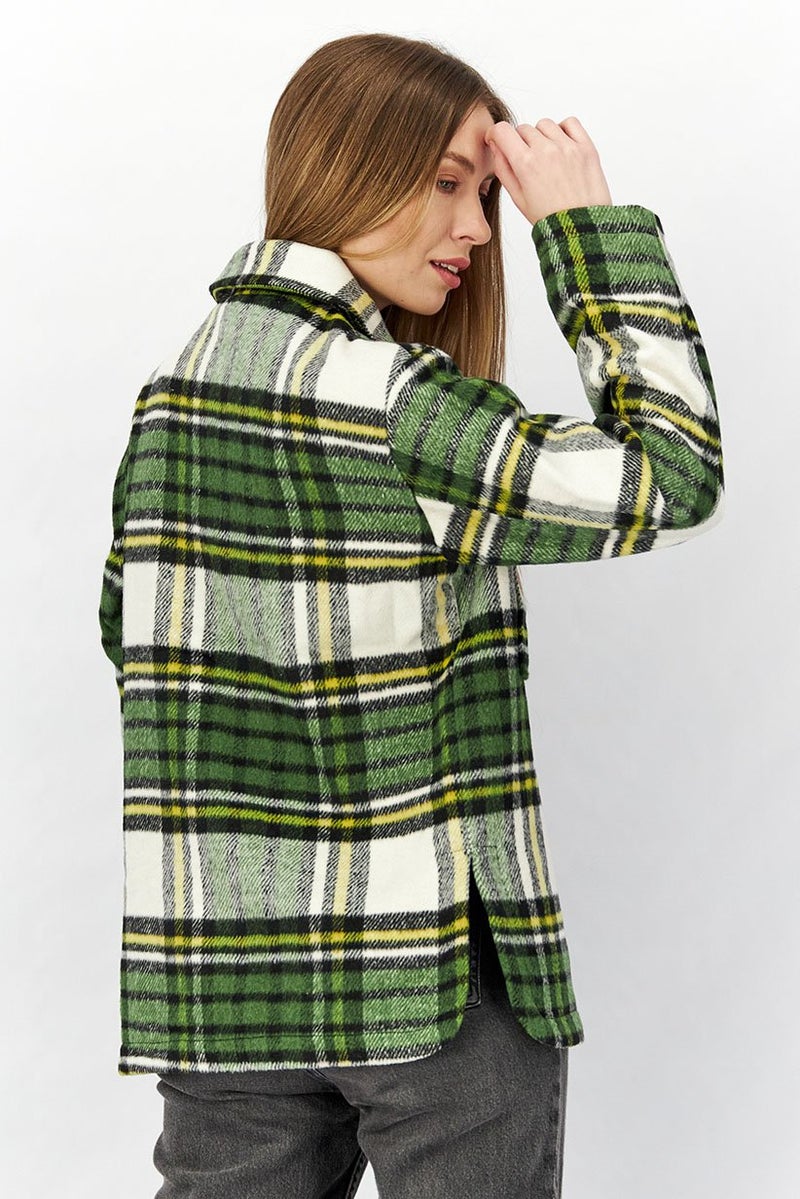 Wednesdays Girl Women Spread Collar Long Sleeve Checkered JackeT-shirt, Green and Black Combo - Image 2