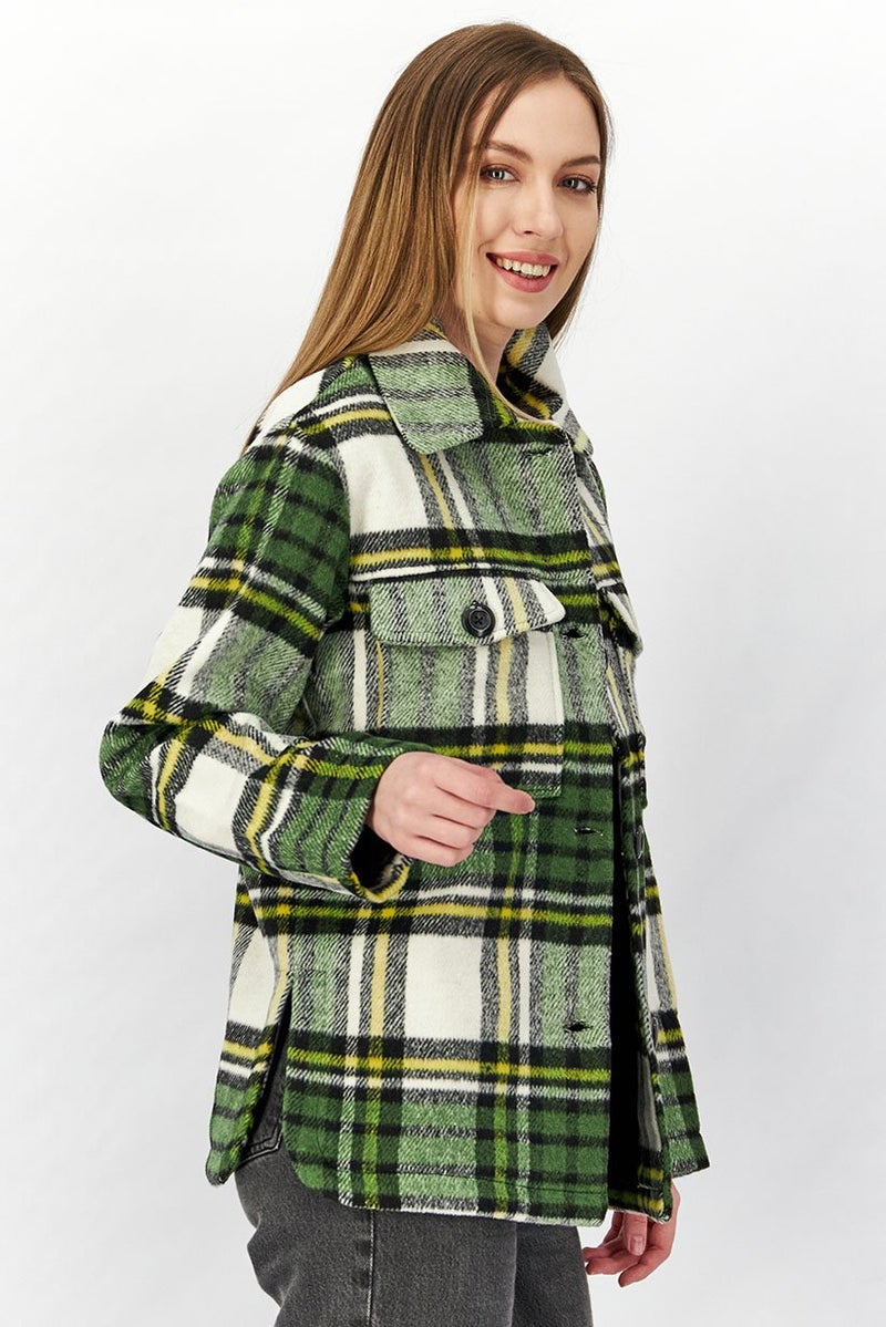 Wednesdays Girl Women Spread Collar Long Sleeve Checkered JackeT-shirt, Green and Black Combo - Image 4