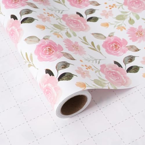 ZINTBIAL Pink Floral Wrapping Paper Roll Watercolor Roses and Light green leaves Design 17 Inches x 165 Feet Gift Wrap for Wedding Bridal Shower Birthday Mothers Day Cut Lines on Back - Image 1