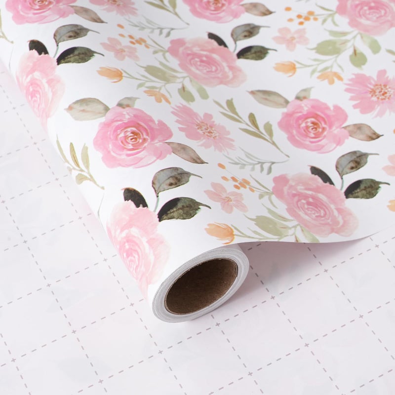 ZINTBIAL Pink Floral Wrapping Paper Roll Watercolor Roses and Light green leaves Design 17 Inches x 165 Feet Gift Wrap for Wedding Bridal Shower Birthday Mothers Day Cut Lines on Back - Image 2