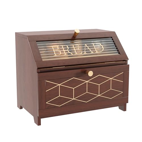 HOLTICO Double Layer Bread Box With Golden Trim for Countertop Wooden Bread Container for Kitchen Counter Corner Bread Storage Brown - Image 1