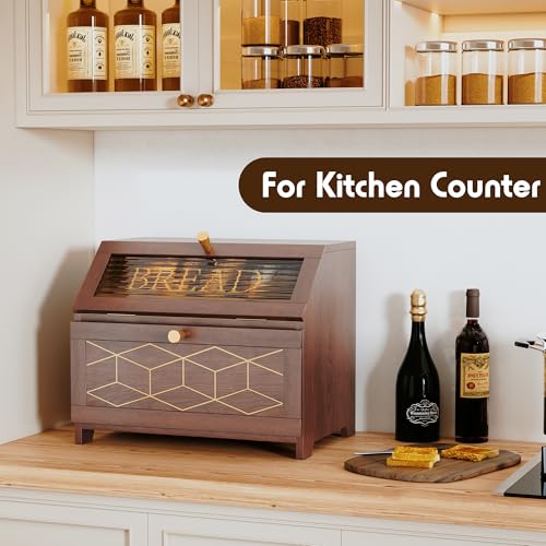 HOLTICO Double Layer Bread Box With Golden Trim for Countertop Wooden Bread Container for Kitchen Counter Corner Bread Storage Brown - Image 3