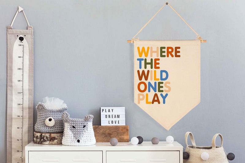 FYSIA Where The Wild Ones Play - Canvas Hanging Pennant Flag Banner Wall Sign Decor Gift For Nursery Baby Kids Girl Boy Teen Bedroom Playroom Front Door- Baby Gift Shower Flay-Birthday Christmas Gift - Image 2