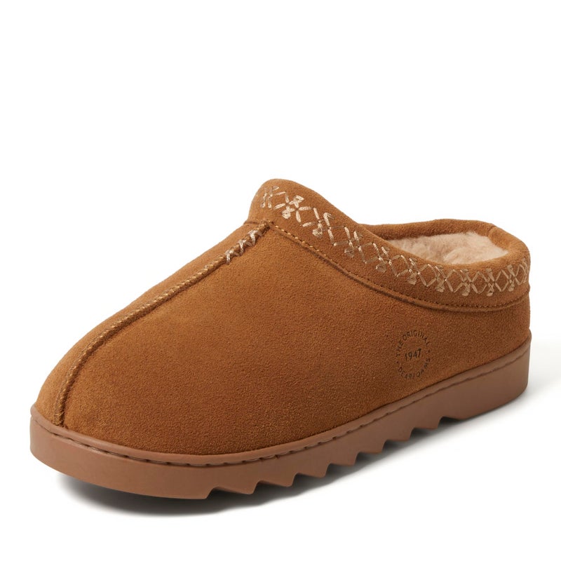 Dearfoams Women's Doreen Genuine Suede Clog with Embroidery, Chestnut 2, 7
