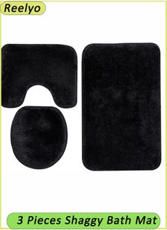 Reelyo Soft Bathroom Carpet 3 Piece Bathroom Rugs and Mats Sets Non-Slip Mat Set Toilet Mat Set Bath Mats Set 3 Piece Set with U-Shaped Toilet Floor Mat Non Slip Rugs andToilet Lid Cover Mat (Black)  - Image 1