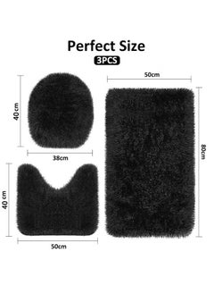 Reelyo Soft Bathroom Carpet 3 Piece Bathroom Rugs and Mats Sets Non-Slip Mat Set Toilet Mat Set Bath Mats Set 3 Piece Set with U-Shaped Toilet Floor Mat Non Slip Rugs andToilet Lid Cover Mat (Black)  - Image 2