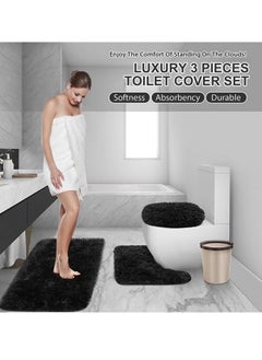 Reelyo Soft Bathroom Carpet 3 Piece Bathroom Rugs and Mats Sets Non-Slip Mat Set Toilet Mat Set Bath Mats Set 3 Piece Set with U-Shaped Toilet Floor Mat Non Slip Rugs andToilet Lid Cover Mat (Black)  - Image 4