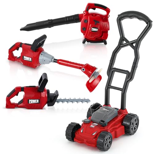 Arrowbash 4 Pcs Toy Gardening Tool Set for Kids Toy Leaf Blower Weed Trimmer Hedge Trimmer Push Lawn Mower Battery Play Set Christmas Birthday Party Gift for Boys Girls - Image 1