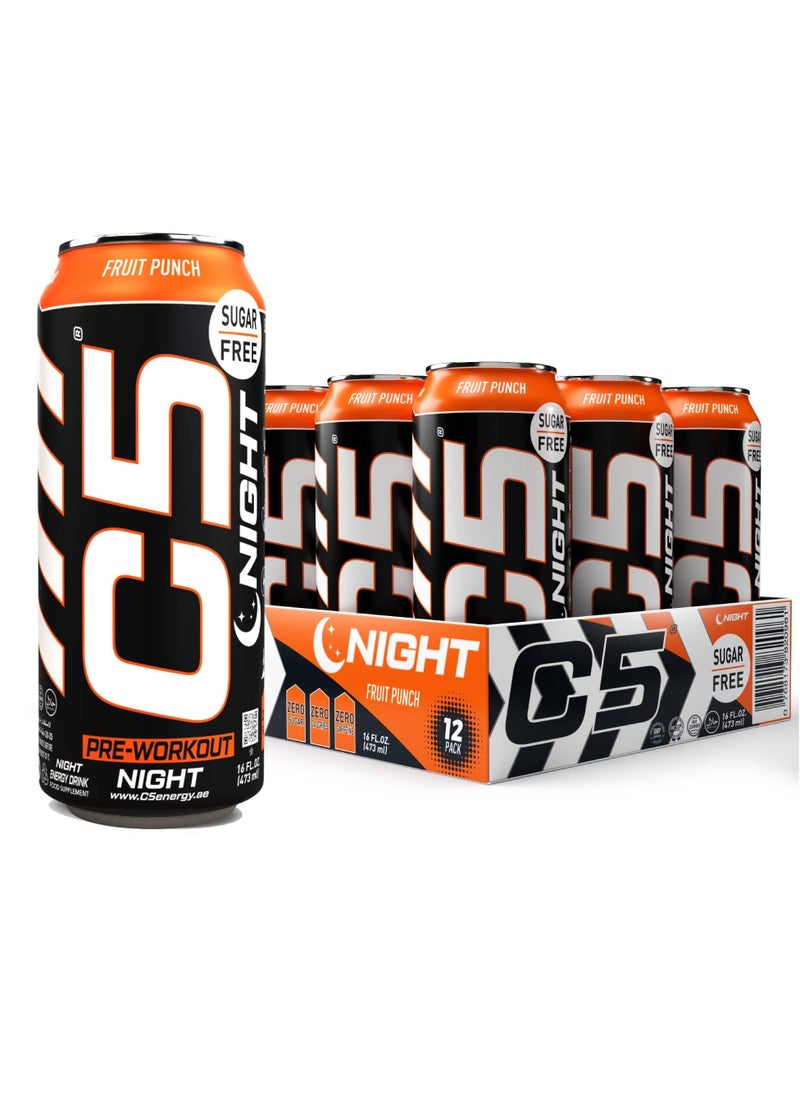 C5 Energy C5 Energy Drink Night Fruit Punch, Pre Workout, Zero Caffeine, Sugar Free, Zero Calories with Beta Alanine, L-Arginine 16fl.OZ, 473ml Caffeine Free Preworkout Pack of 12  - Image 1