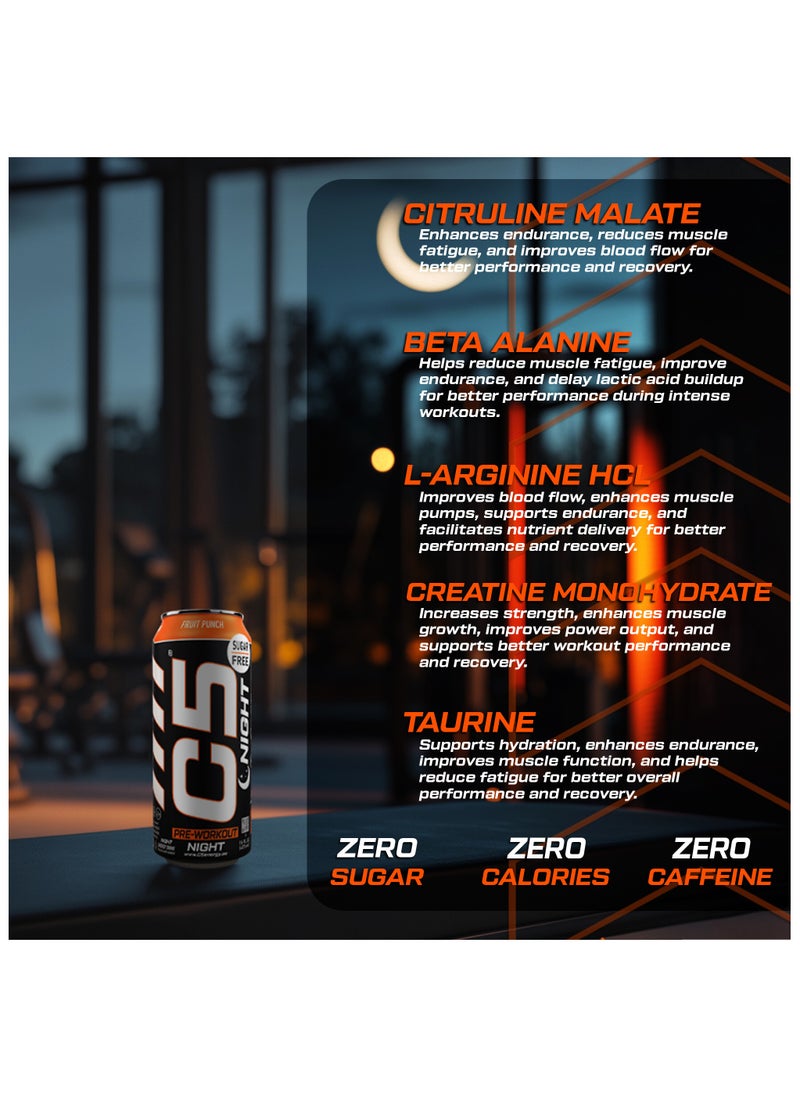 C5 Energy C5 Energy Drink Night Fruit Punch, Pre Workout, Zero Caffeine, Sugar Free, Zero Calories with Beta Alanine, L-Arginine 16fl.OZ, 473ml Caffeine Free Preworkout Pack of 12  - Image 4