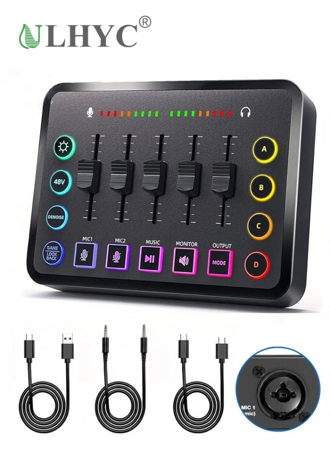 ULHYC HD Gaming Audio Mixer Rechargeable Audio Interface RGB Mixer with XLR Mic Interface 48V Phantom Power for Podcast/Recording - Image 1