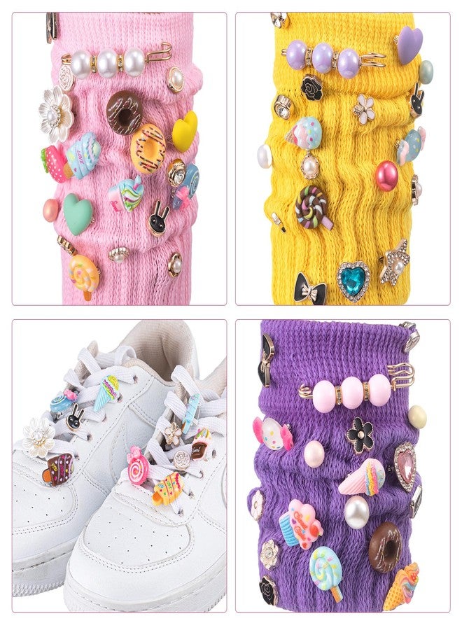 Tondiamo 100 Pcs Charms for Socks Set Candy Themed Accessories Cute Candy Pearl Rhinestone Brooch Pins Bulk Colorful Lollipops Ice Cream Donuts Charms Brooch Kit for DIY Hat Clothes Party Decoration - Image 3