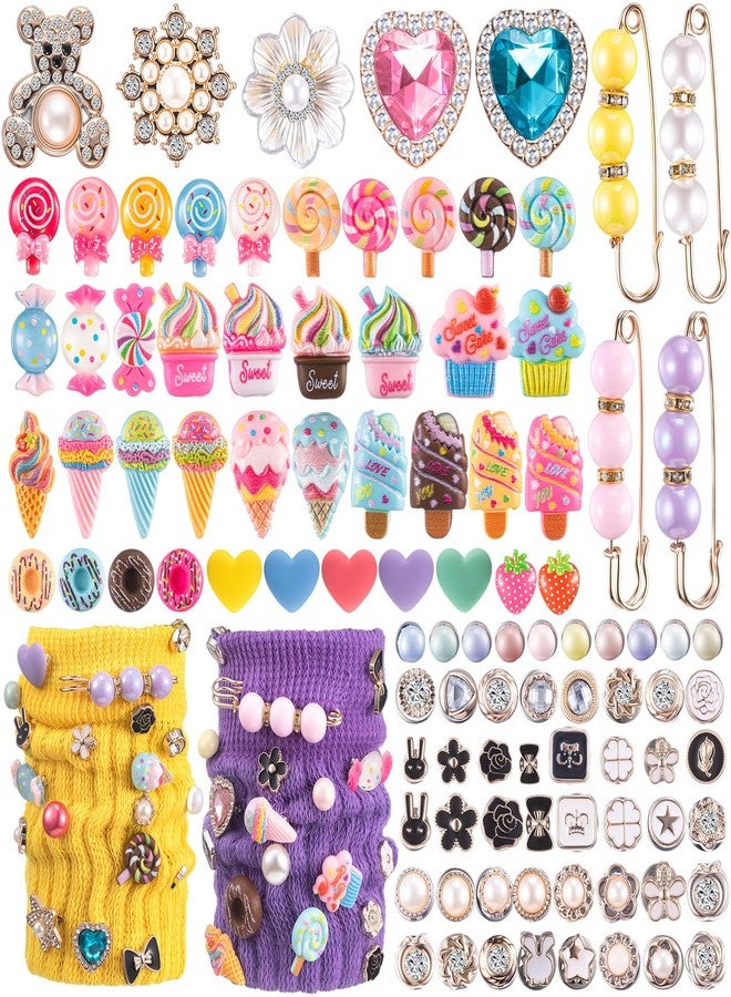 Tondiamo 100 Pcs Charms for Socks Set Candy Themed Accessories Cute Candy Pearl Rhinestone Brooch Pins Bulk Colorful Lollipops Ice Cream Donuts Charms Brooch Kit for DIY Hat Clothes Party Decoration - Image 1