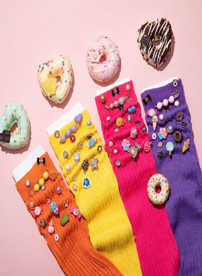 Tondiamo 100 Pcs Charms for Socks Set Candy Themed Accessories Cute Candy Pearl Rhinestone Brooch Pins Bulk Colorful Lollipops Ice Cream Donuts Charms Brooch Kit for DIY Hat Clothes Party Decoration - Image 4