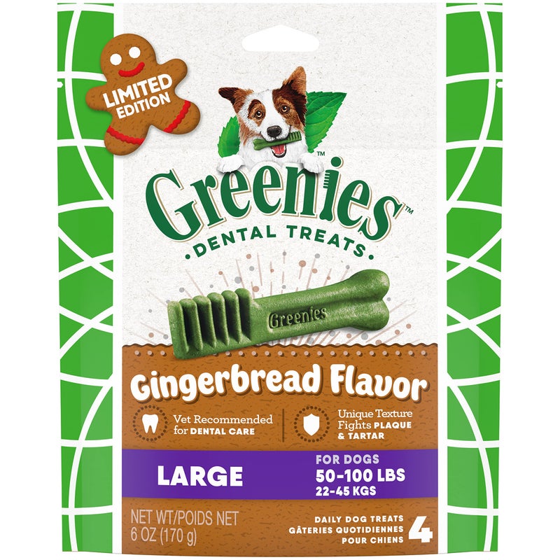 Greenies Gingerbread Flavor Large Size, Veterinarian-Recommended for Dental Care, Dog Treat Chews, Great Holiday Dog Stocking Stuffers, Limited Edition, 6 oz. Pouch (4 Treats) - Image 1