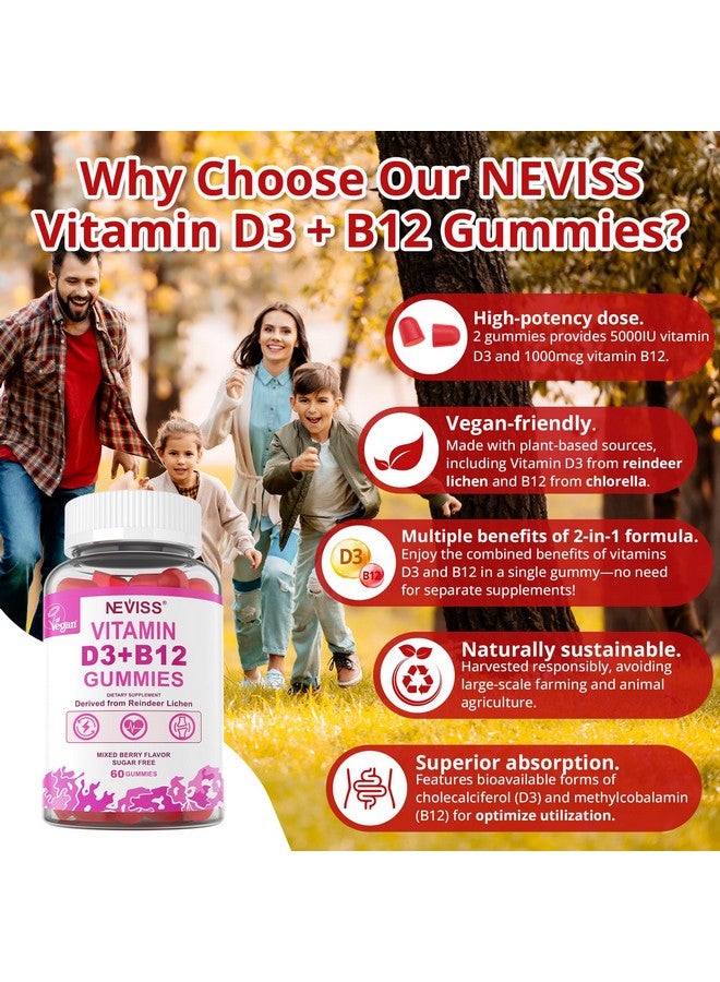 NEVISS 2Pack Vegan Vitamin D3 + Vitamin B12 Gummies, High Potency Vitamin D3 5000IU & 1000 mcg Methylated B12, Vitamin D3 and B12 for Adults, Support Bone Health, Immune & Energy Supplement, 120 Count - Image 2