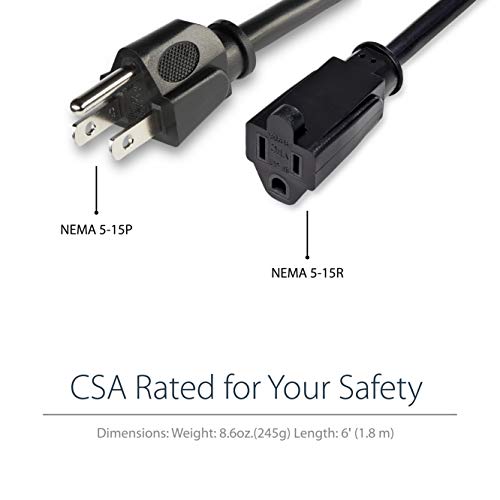 StarTech.com 6ft (2m) Power Extension Cord, NEMA 5-15R to NEMA 5-15P Black Extension Cord, 13A 125V, 16AWG, Outlet Extension Power Cable, AC Power Cord - UL Listed (PAC1016) - Image 3