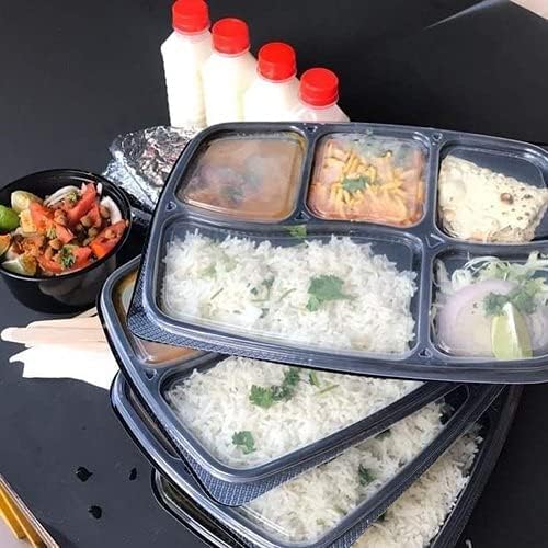 SHOP  SHOPPEE SHOP & SHOPPEE Unbreakable Meal Plate with Lid & 5 Compartment, Leak-Resistant, BPA Free,Food Grade Dinner Plate for Food Delivery/Party/Packaging (25 Plates with lids, Microwave Safe, Black) - Image 2
