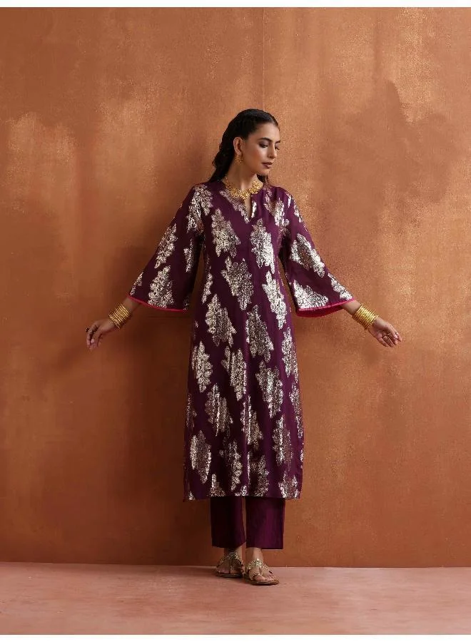ترو برونز trueBrowns Purple Metallic Straight Kurta Set