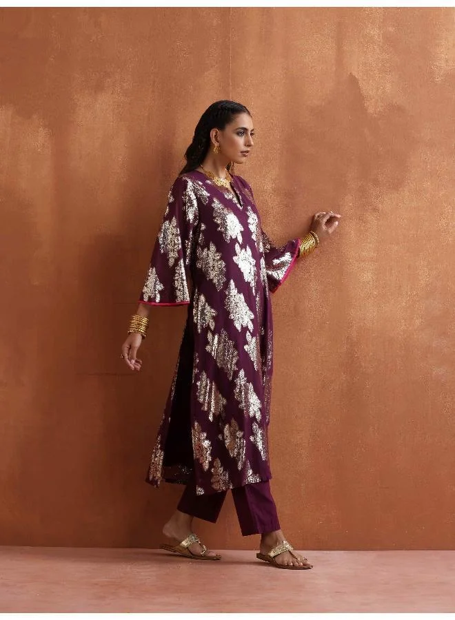 ترو برونز trueBrowns Purple Metallic Straight Kurta Set