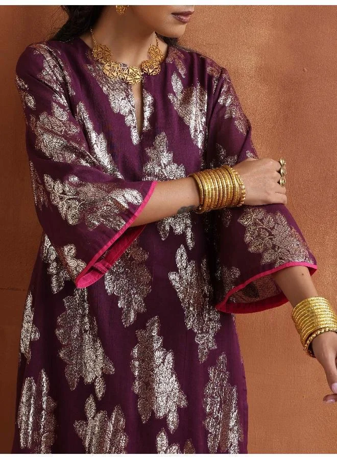 ترو برونز trueBrowns Purple Metallic Straight Kurta Set