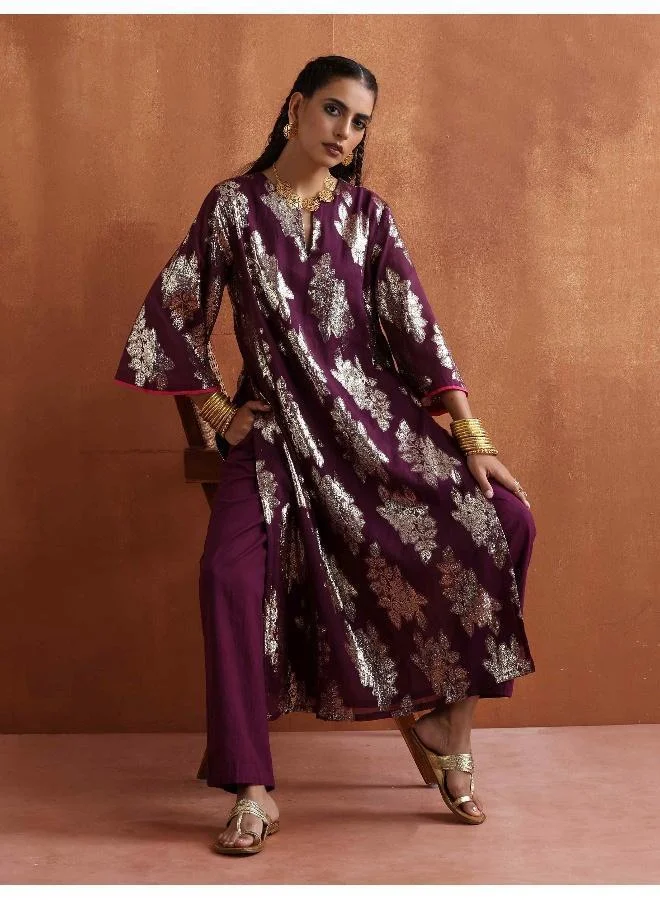 Purple Metallic Straight Kurta Set