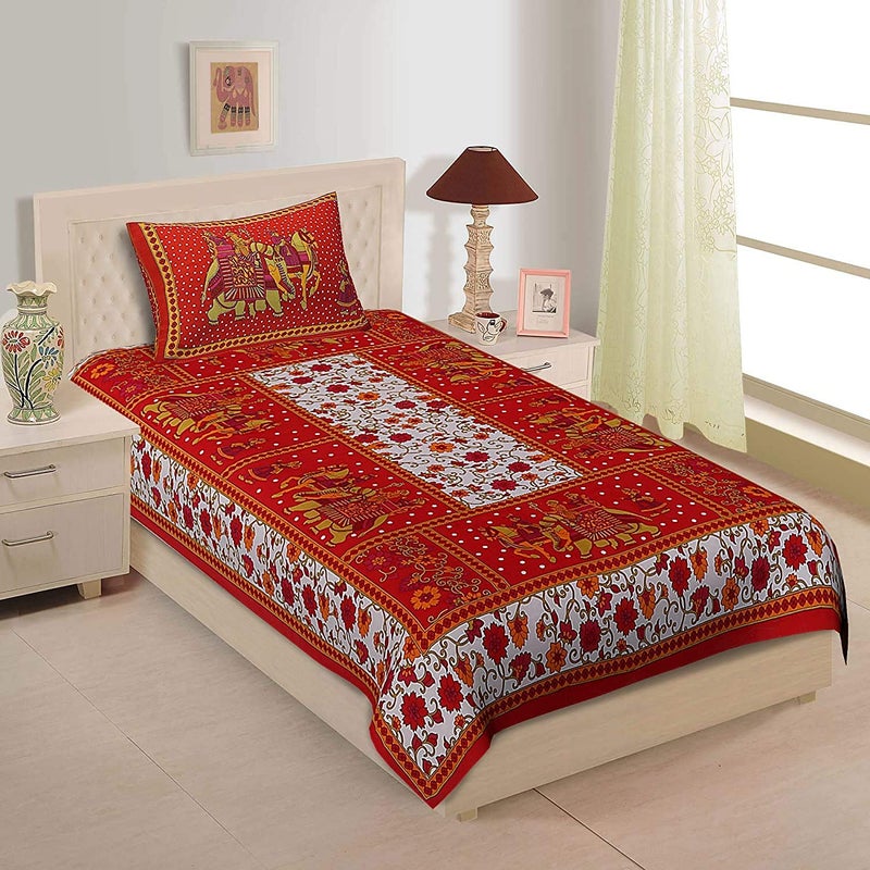 Doraya Jaipuri Rajasthani Traditional Sanganeri Printed Cotton Single Size Bedsheet with 1 Pillow Cover - Image 1