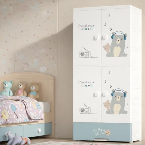 Mevigo 4-Door Plastic Wardrobe for Kids| Almirah and Wardrobe for Baby Clothes| Modular Storage Cabinet with Wheel Organizer for Cupboard Rack for Clothes/Shoes/Books/Toy -Music Bear-SJ6530 - Image 1