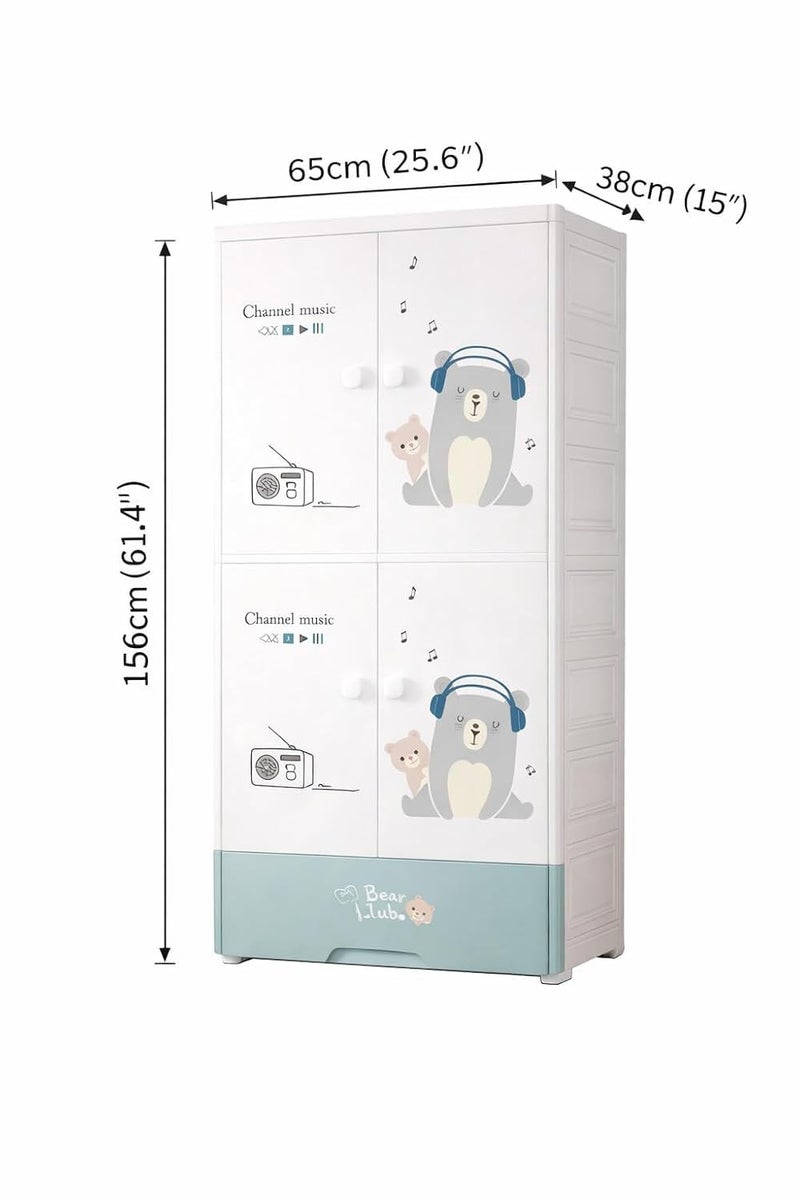 Mevigo 4-Door Plastic Wardrobe for Kids| Almirah and Wardrobe for Baby Clothes| Modular Storage Cabinet with Wheel Organizer for Cupboard Rack for Clothes/Shoes/Books/Toy -Music Bear-SJ6530 - Image 3