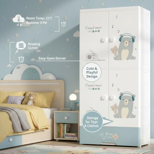 Mevigo 4-Door Plastic Wardrobe for Kids| Almirah and Wardrobe for Baby Clothes| Modular Storage Cabinet with Wheel Organizer for Cupboard Rack for Clothes/Shoes/Books/Toy -Music Bear-SJ6530 - Image 2