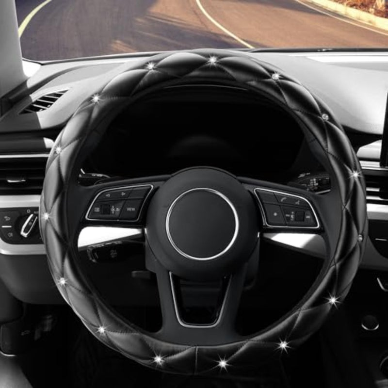 Diamond Soft Leather Anti-Slip Steering Wheel Cover with Bling Bling Crystal Rhinestones, Universal 15 Inch for Women Girls, Fit Vehicles, Sedans, SUVs, Vans, Trucks - Black - Image 2