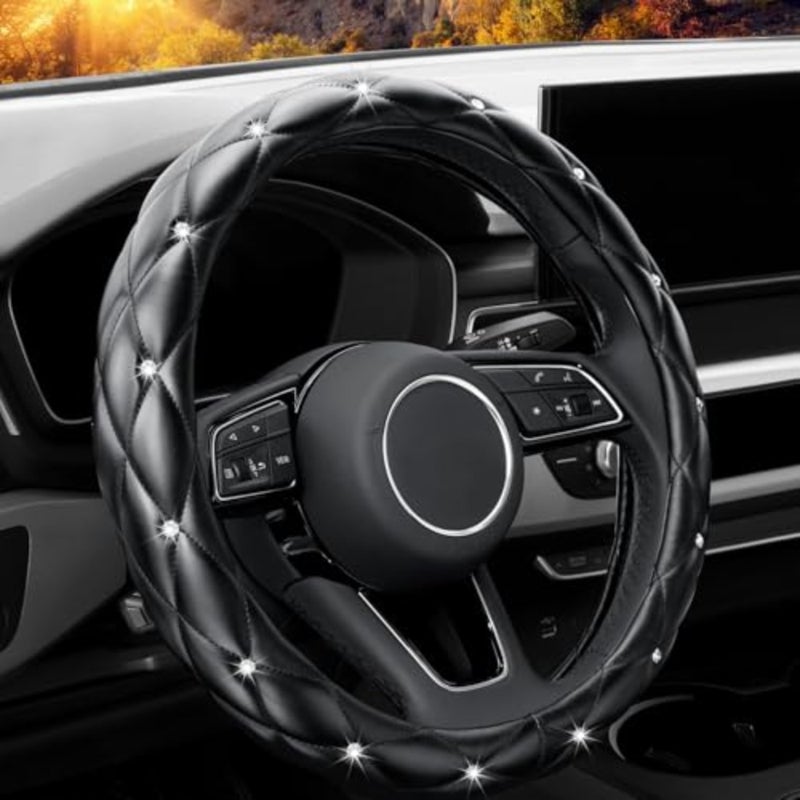 Diamond Soft Leather Anti-Slip Steering Wheel Cover with Bling Bling Crystal Rhinestones, Universal 15 Inch for Women Girls, Fit Vehicles, Sedans, SUVs, Vans, Trucks - Black - Image 1