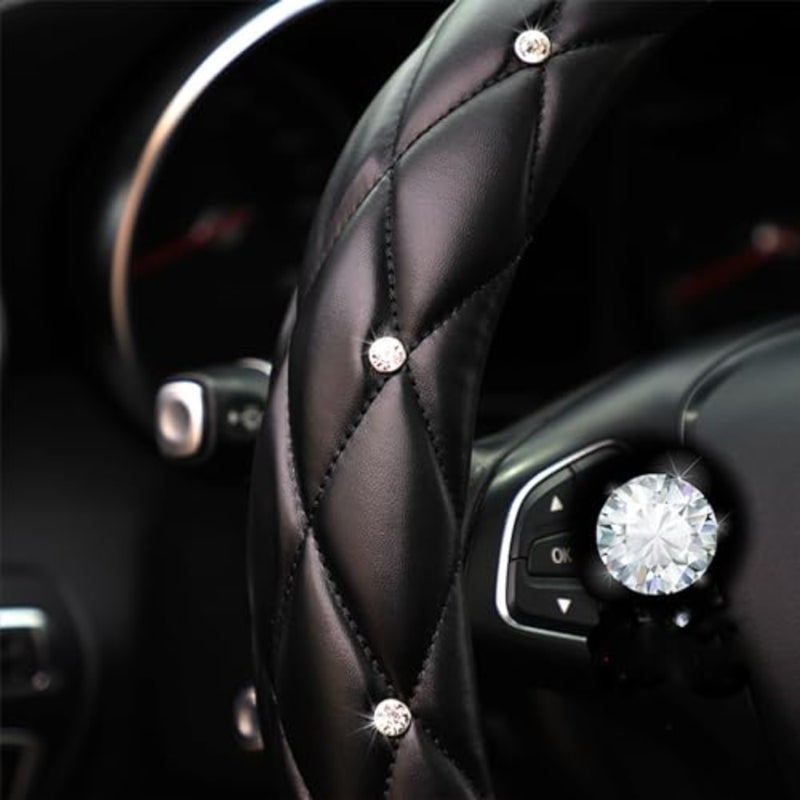 Diamond Soft Leather Anti-Slip Steering Wheel Cover with Bling Bling Crystal Rhinestones, Universal 15 Inch for Women Girls, Fit Vehicles, Sedans, SUVs, Vans, Trucks - Black - Image 4