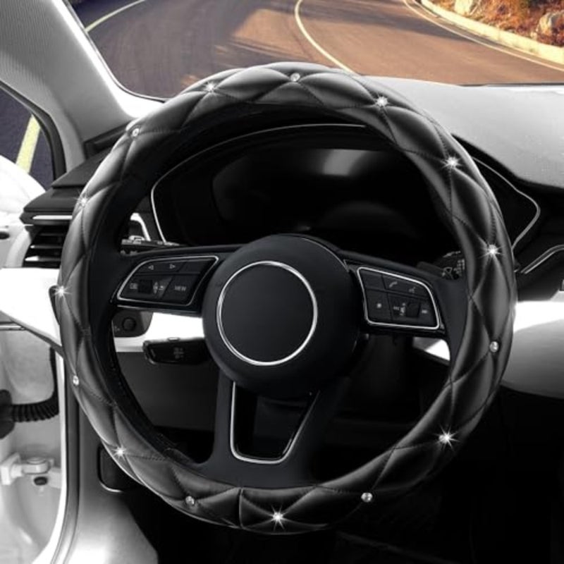 Diamond Soft Leather Anti-Slip Steering Wheel Cover with Bling Bling Crystal Rhinestones, Universal 15 Inch for Women Girls, Fit Vehicles, Sedans, SUVs, Vans, Trucks - Black - Image 3