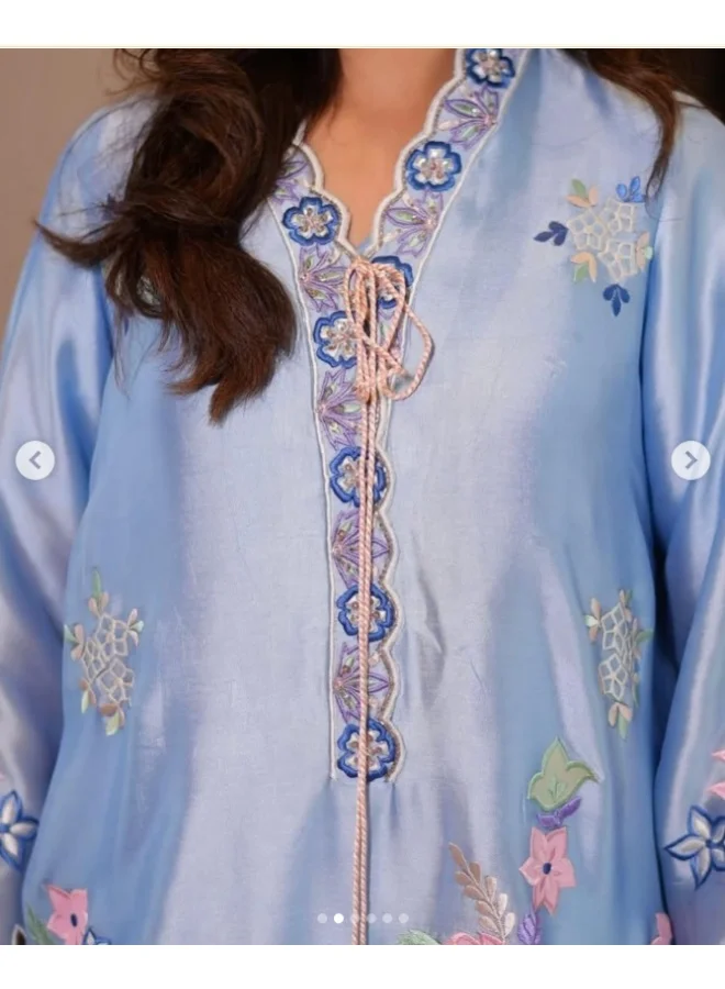 BAZM  Powder Blue Long Silk Kaftan with Embroidery for Women | Best Price UAE