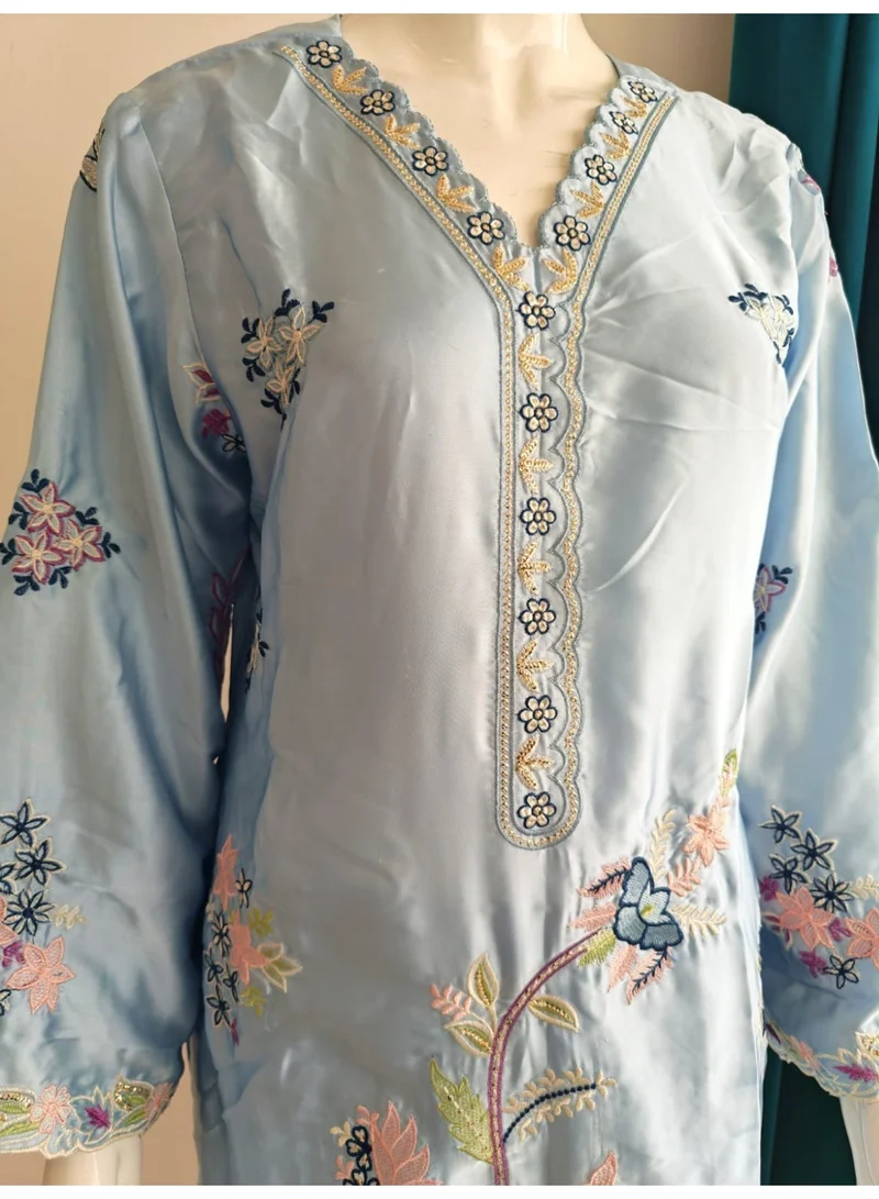 BAZM  Powder Blue Long Silk Kaftan with Embroidery for Women | Best Price UAE