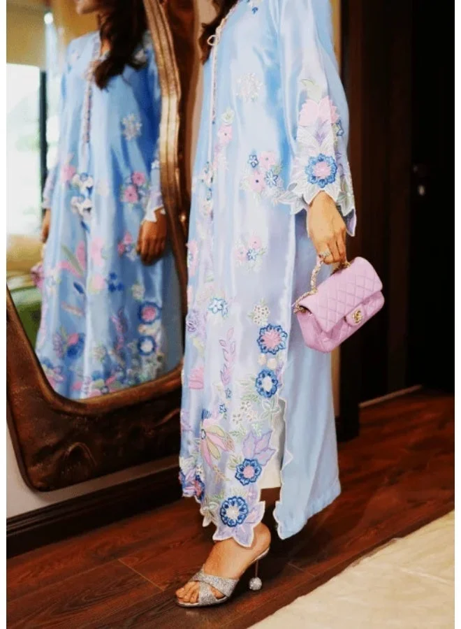 BAZM  Powder Blue Long Silk Kaftan with Embroidery for Women | Best Price UAE