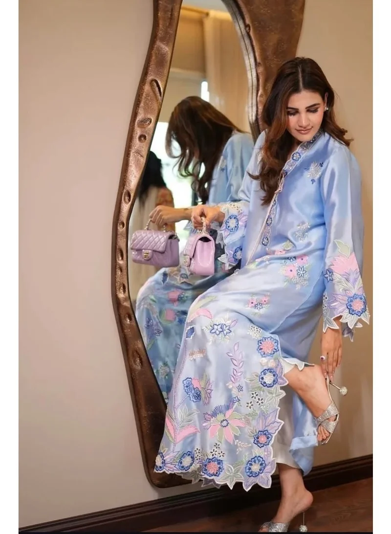 Powder Blue Long Silk Kaftan with Embroidery Chest 42-44