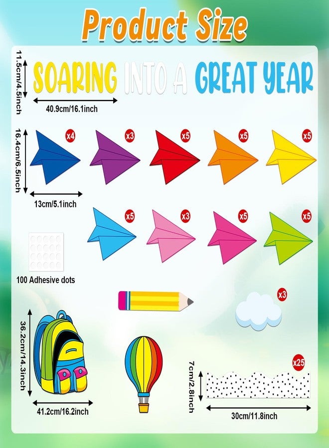 QOUBAI Soaring Into A Great Year Bulletin Board Set Hot Air Balloon Classroom Bulletin Board Decors Paper Plane Name Tag Cutouts for Back to School Classroom Office Home Chalkboard Window Wall Door Supplies - Image 2
