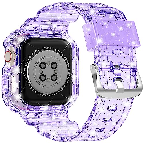 XYF Compatible for Crystal Clear Apple Watch Bands, 41mm 40mm 38mm Bumper Case for Men Women Jelly Sport Cover Strap for iWatch Ultra 3 2 Series 11 10 9 8 7 SE 6 5 4 3 (Glitter Purple, 38/40/41) - Image 2