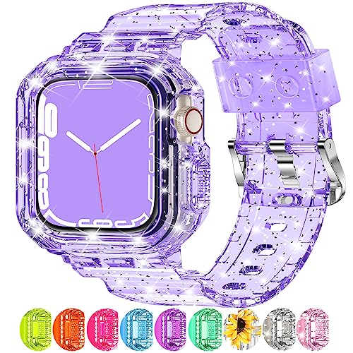 XYF Compatible for Crystal Clear Apple Watch Bands, 41mm 40mm 38mm Bumper Case for Men Women Jelly Sport Cover Strap for iWatch Ultra 3 2 Series 11 10 9 8 7 SE 6 5 4 3 (Glitter Purple, 38/40/41) - Image 1