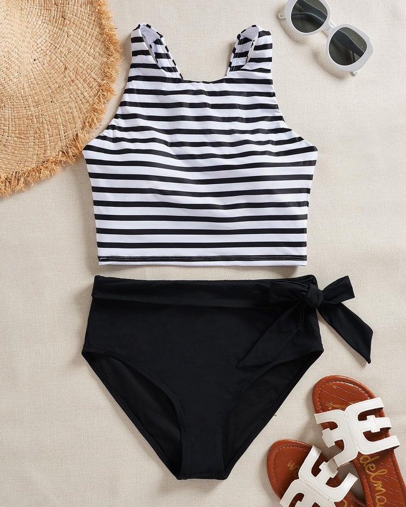 Aqua Eve Women High Waisted Bikini Set Racerback Swimsuit Two Piece Bathing Suit High Neck Swimwear Stripe and Black Large - Image 3