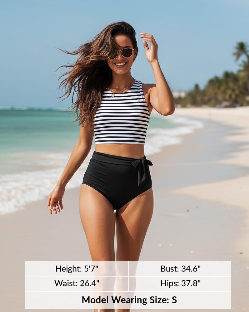 Aqua Eve Women High Waisted Bikini Set Racerback Swimsuit Two Piece Bathing Suit High Neck Swimwear Stripe and Black Large - Image 4